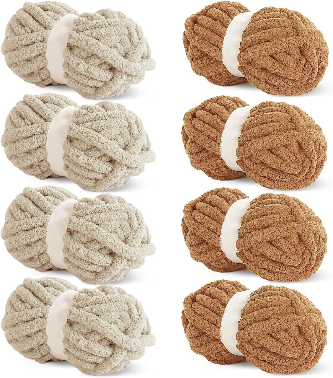#10 Chunky Chenille Yarn for Crocheting – Super Bulky 3/4" Thick Soft Plush Yarn for Hand Knitting & Arm Knitting – 8 Skein Pack (27 yds / 8 oz Each) – Multi Assorted Khaki & Coffee